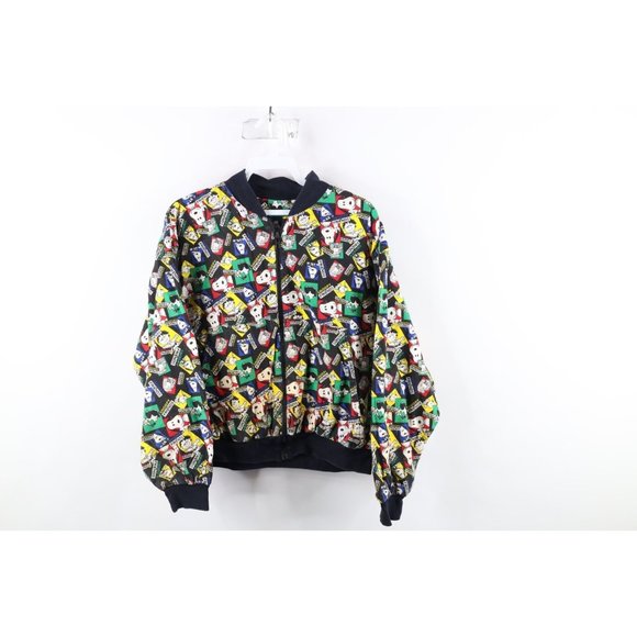 Vintage Jackets & Blazers - Vtg 70s Womens Medium Distressed All Over Print Snoopy Peanuts Bomber Jacket USA